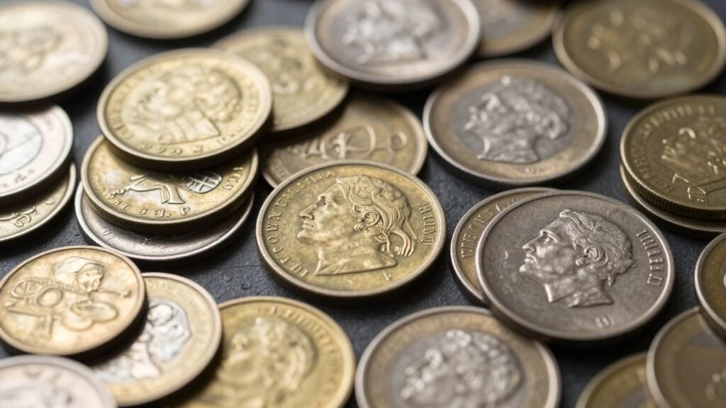 Collection of ancient and modern coins, gold, silver, metallic.