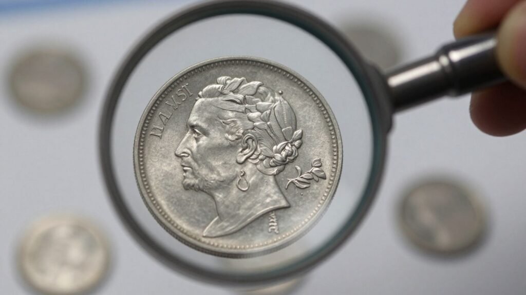 Silver coin under a magnifying glass for testing.