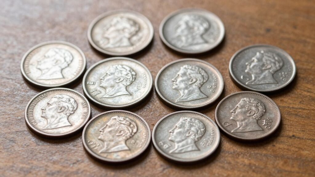 Vintage two-cent coins on a wooden surface.