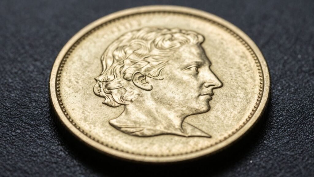 Close-up of a gold coin's detailed surface and edges.