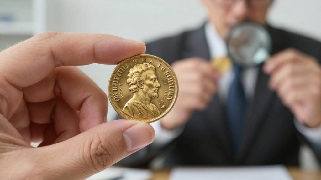 Expert coin consultant appraising a gold coin in Austin.