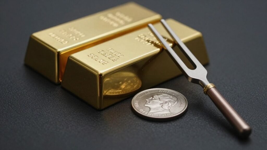 Gold bar, silver coin, and tuning fork for metal testing.