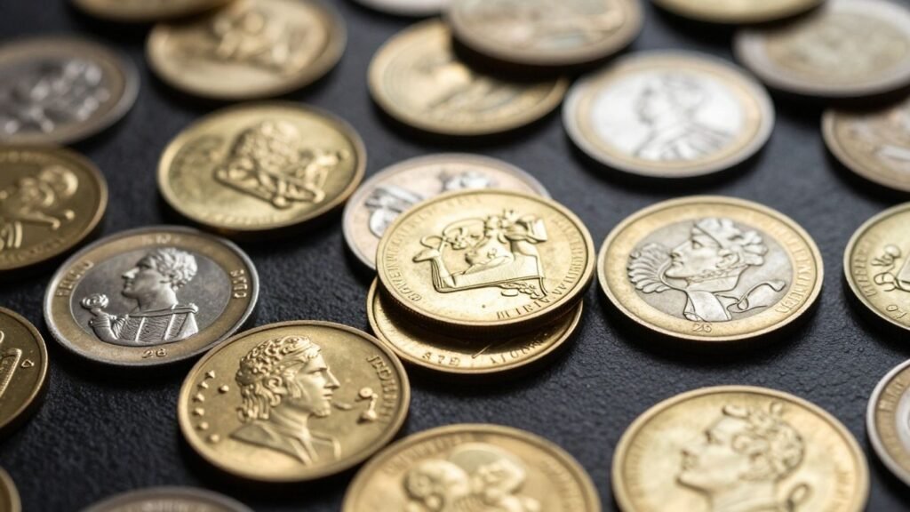 Gold and silver medallions on a dark surface.