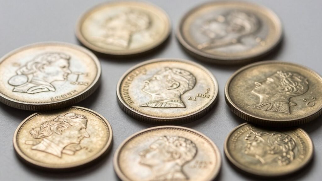 Elongated coins with detailed designs.