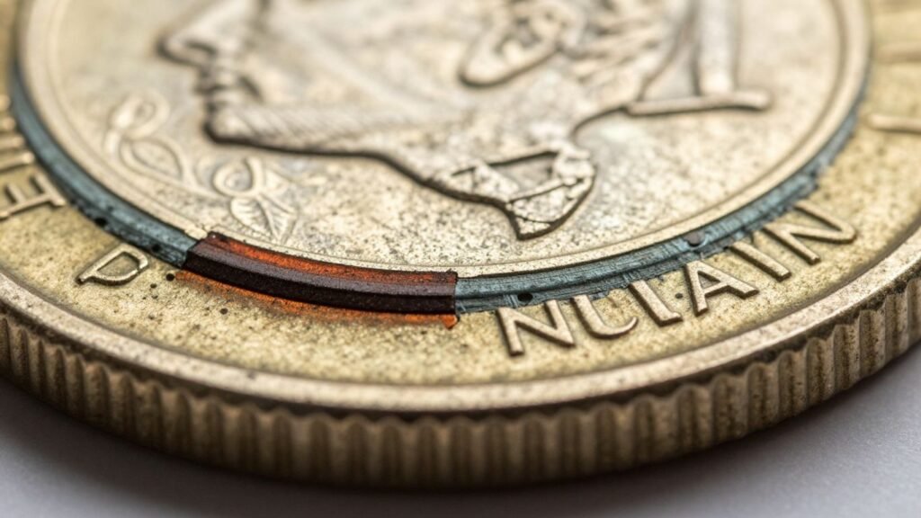 Cross-section of a clad coin showing metallic layers.