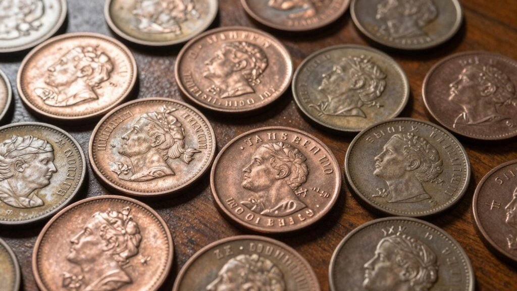 Collection of vintage Indian Head pennies on a wooden surface.