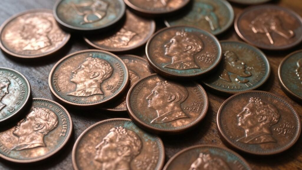 Antique large cents on a wooden surface.