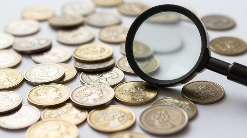 Collection of rare coins with a magnifying glass.