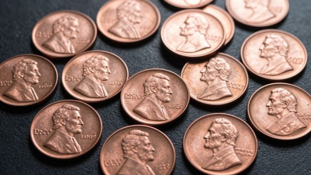 Collection of vintage Lincoln cent coins.