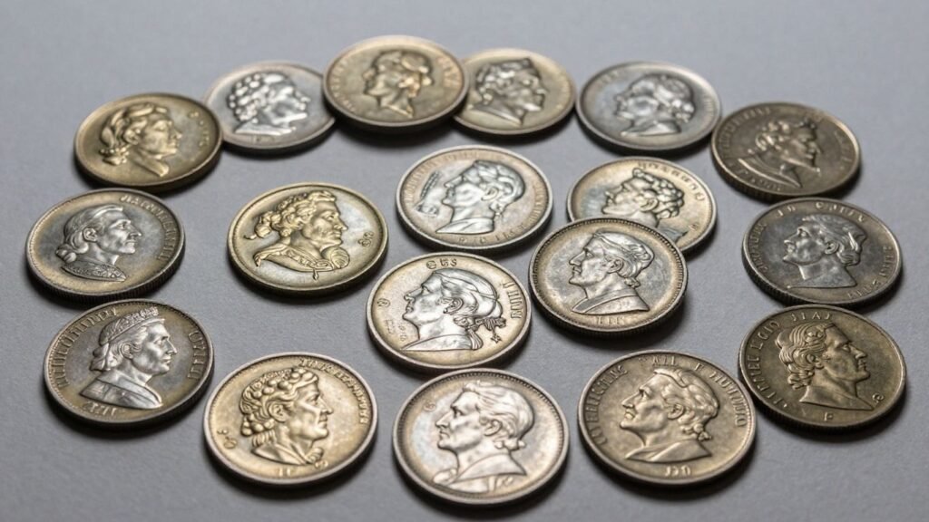 Exonumia coins with intricate designs and metallic sheens.