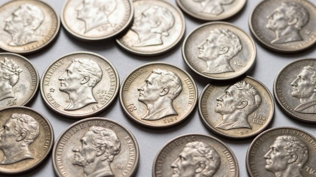 Worn American coins from different historical periods.