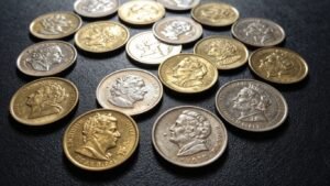 Collection of valuable gold and silver coins.