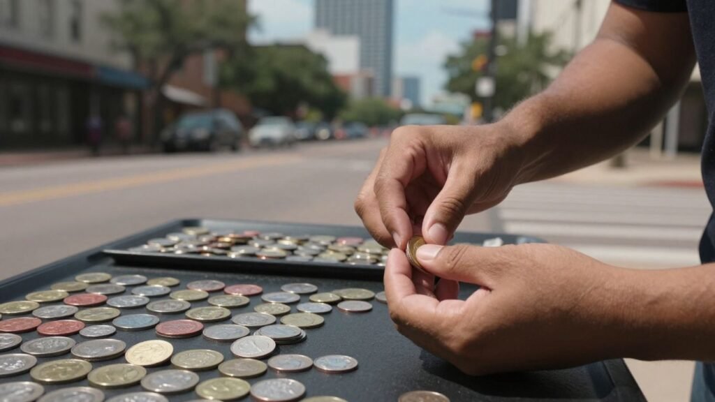 Austin street scene with coin collections for sale.