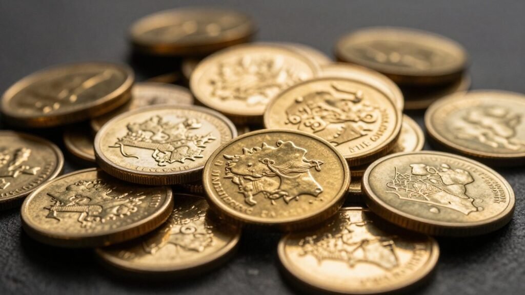 Pile of territorial gold coins, Austin guide.