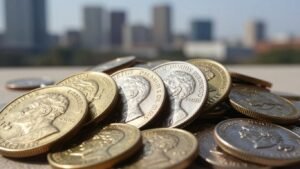 Private mint coins with Austin skyline background.
