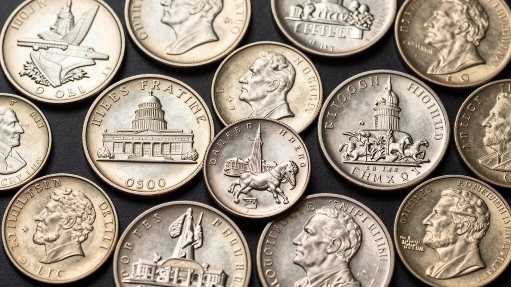 Collection of U.S. commemorative coins with detailed designs.