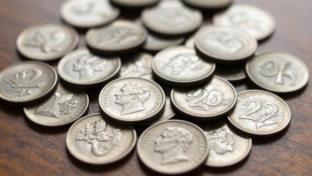 Twenty cent coin pieces scattered on a wooden surface.