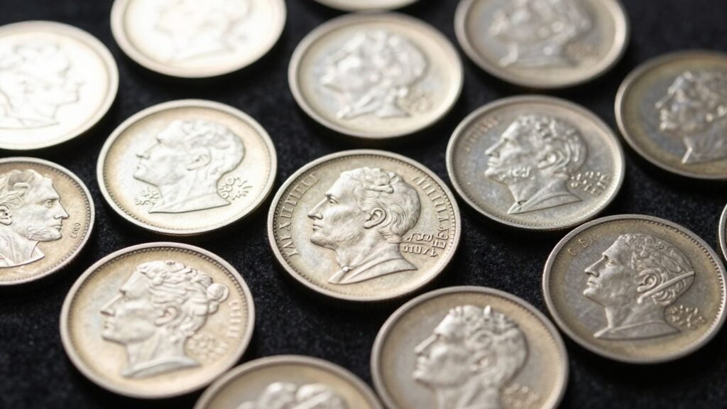 Rare coins with chop marks on display.