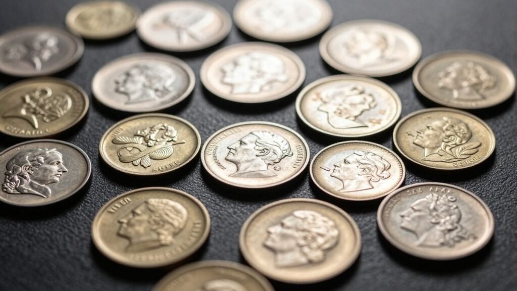 Rare test piece coins with intricate designs and metallic sheens.