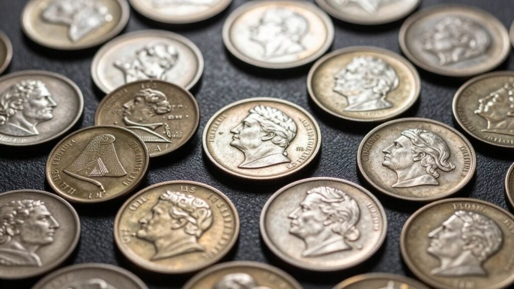 Collection of rare coins with varying metallic sheens.