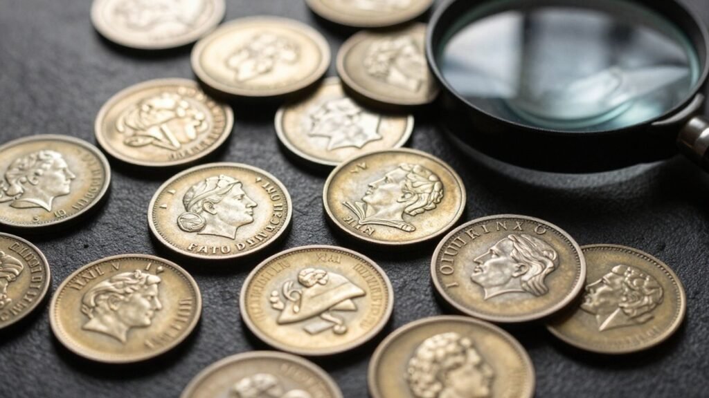 Antique coins with magnifying glass for expert identification.