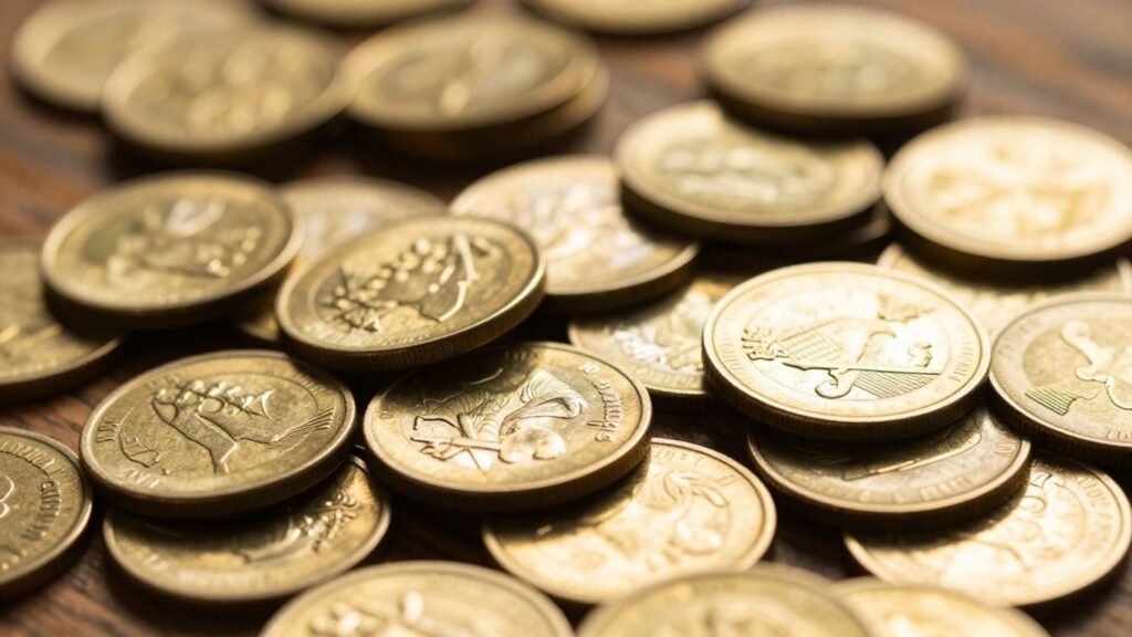 Pile of shiny gold coins on a wooden surface.