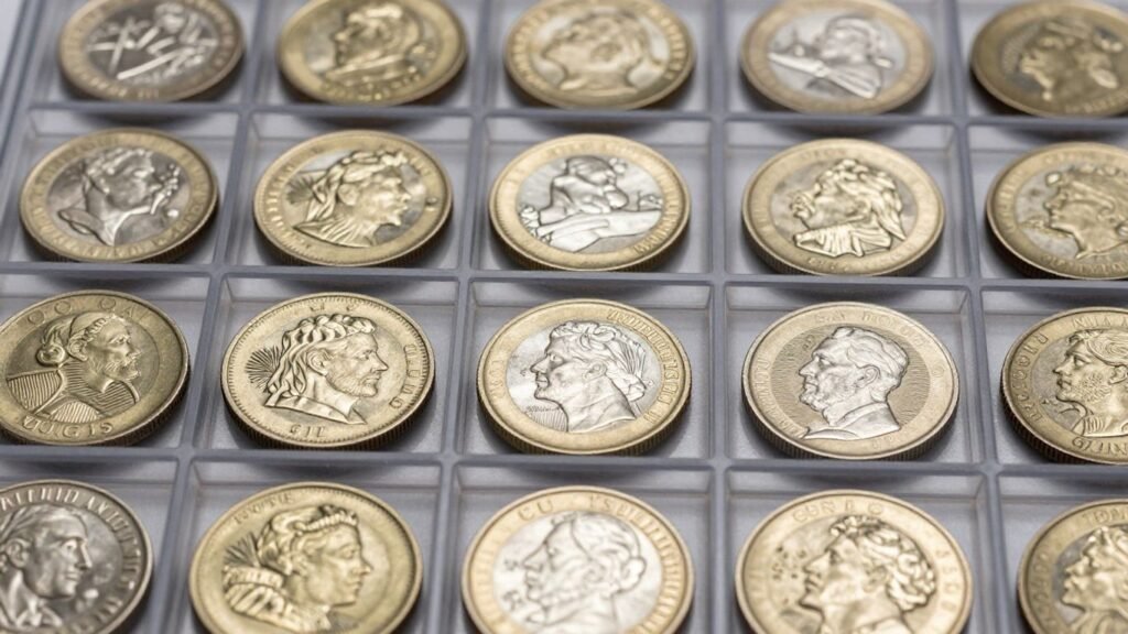 Organized coins in clear containers