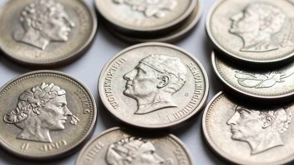 Close-up of gleaming silver coins with intricate designs.
