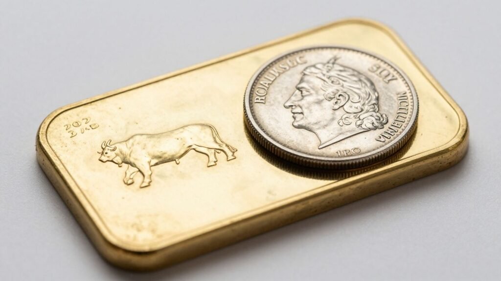 Gold bullion bar and vintage silver coin comparison.