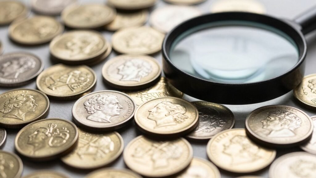 Collection of shiny gold and silver coins with a magnifying glass.