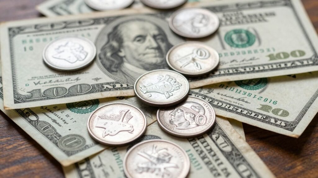 Pile of old U.S. currency and silver coins.
