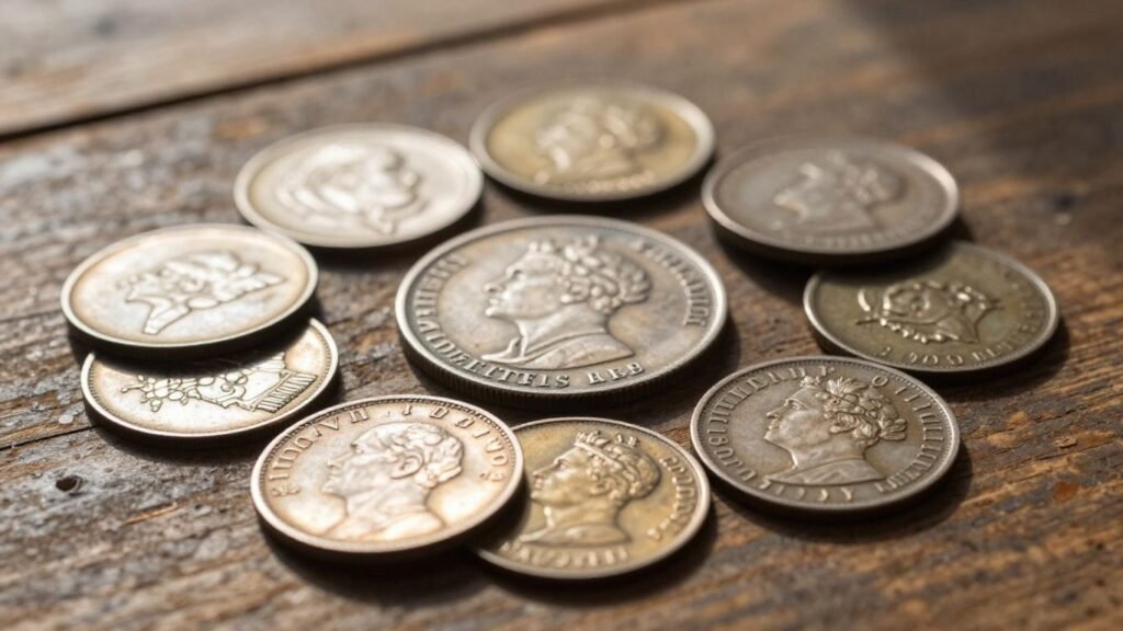 Antique hard times tokens on a wooden surface.
