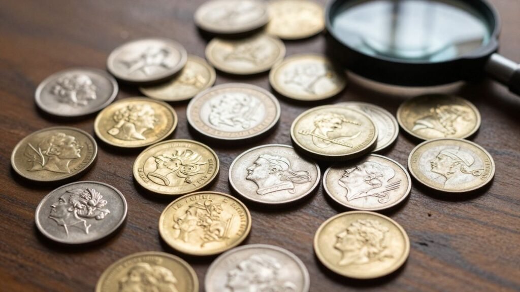 Old coins being appraised for value.