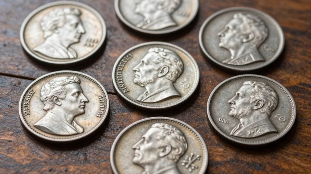 Antique hobo nickels with carved faces on wood