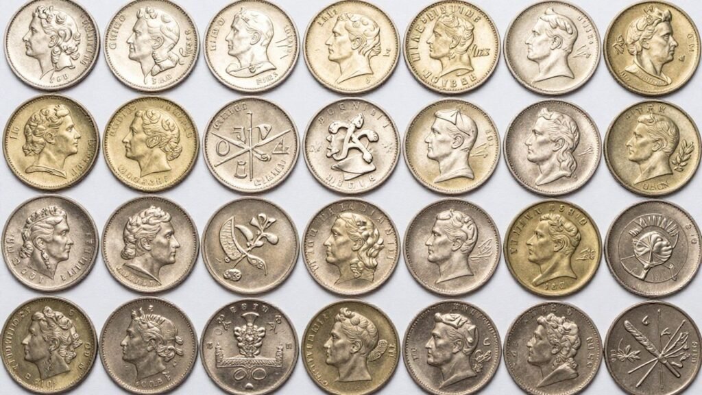 Collection of various coins, close-up photographic view.