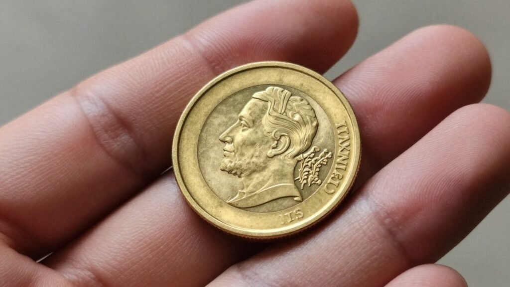 Close-up of a hand holding a valuable gold coin.