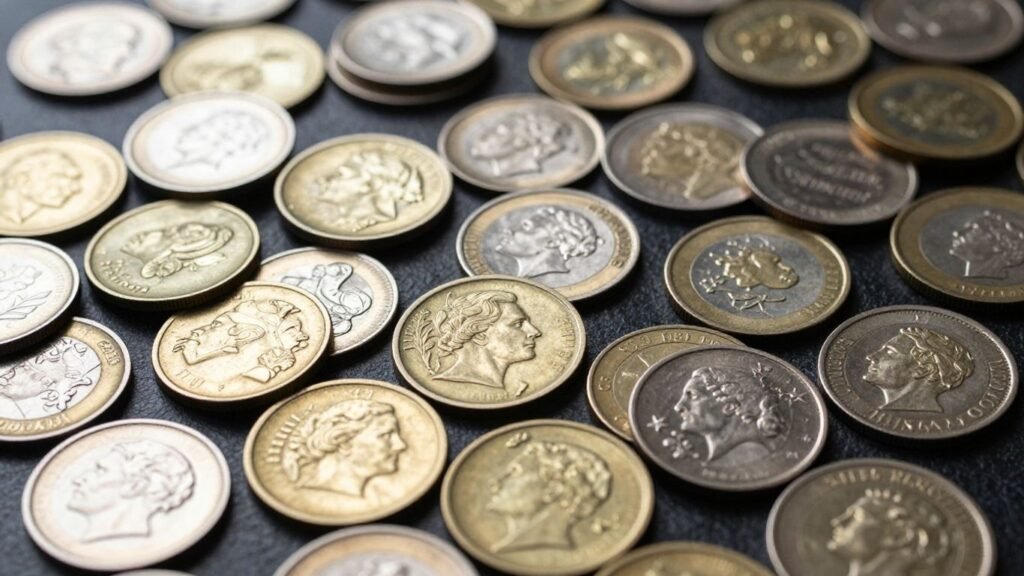 Collection of rare coins, gold and silver, close-up view.