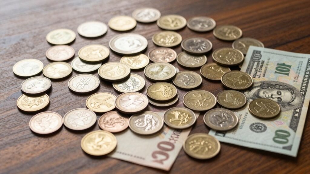 Fractional currency collection on a wooden surface.