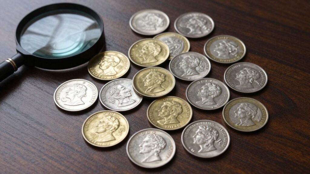 Close-up photo of rare coins with magnifying glass