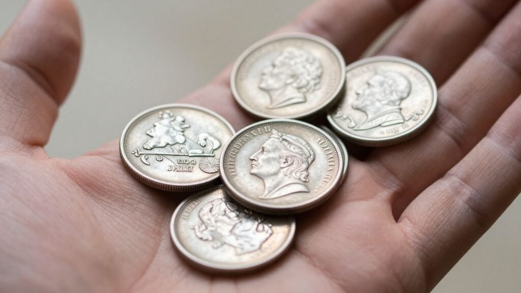 Antique silver trade dollars held in a hand