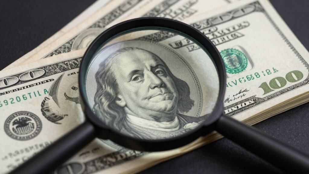 Magnifying glass over US dollar bills
