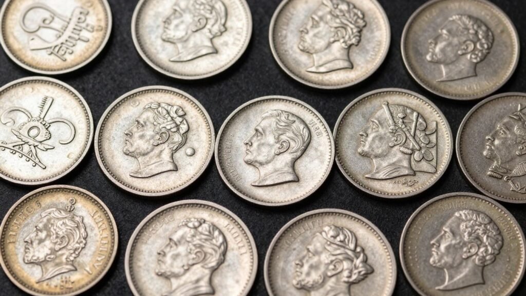 Collection of counterstamped coins with unique markings.