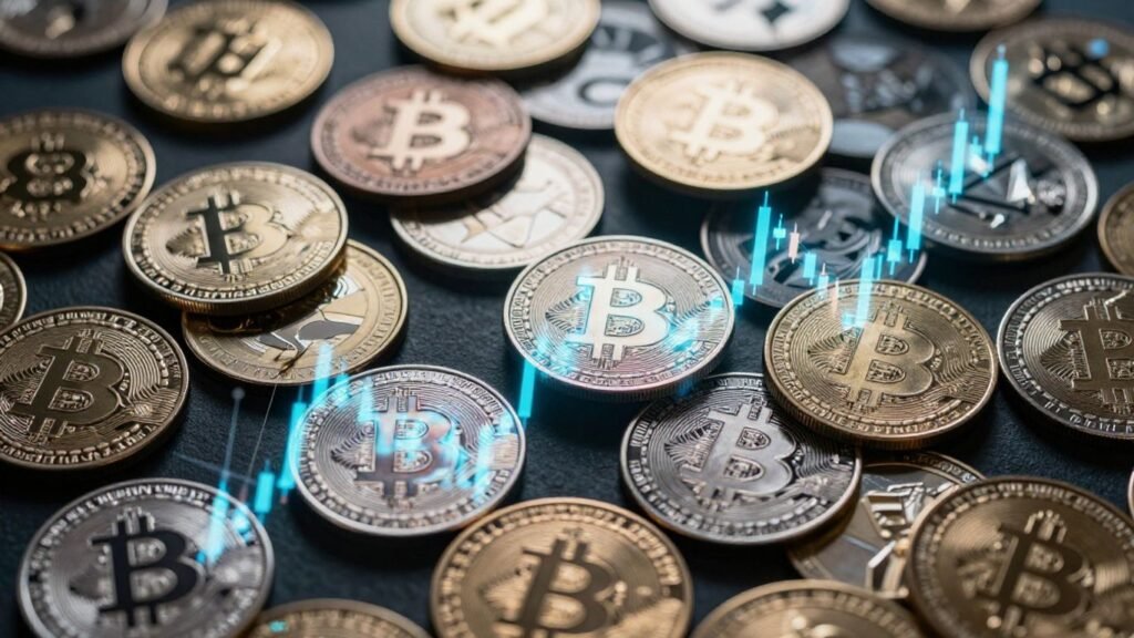 Cryptocurrency coins with digital streams and glowing nodes.