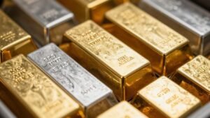 Gold and silver bars stacked in a vault.