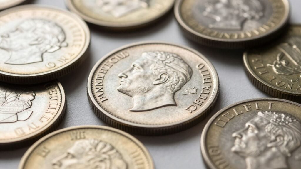 Close-up of detailed, gleaming rare coins.