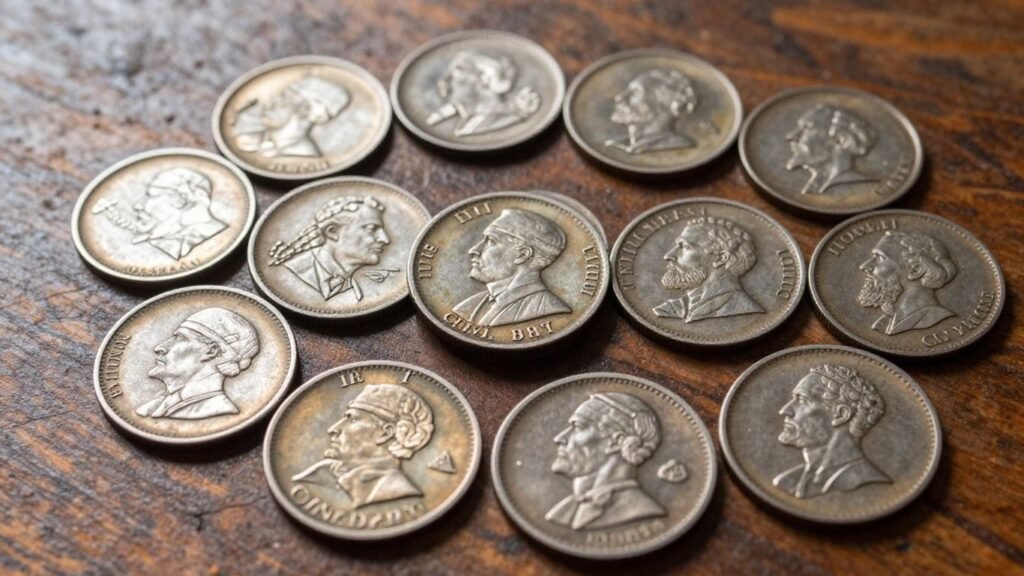 Civil War tokens on a wooden surface.
