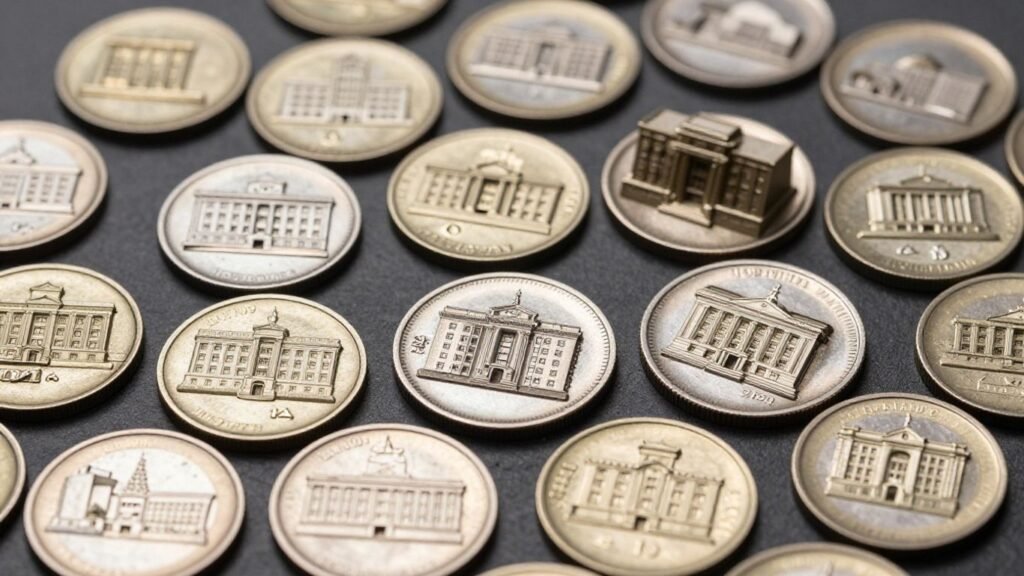 Collection of building type coin sets with detailed miniature architecture.