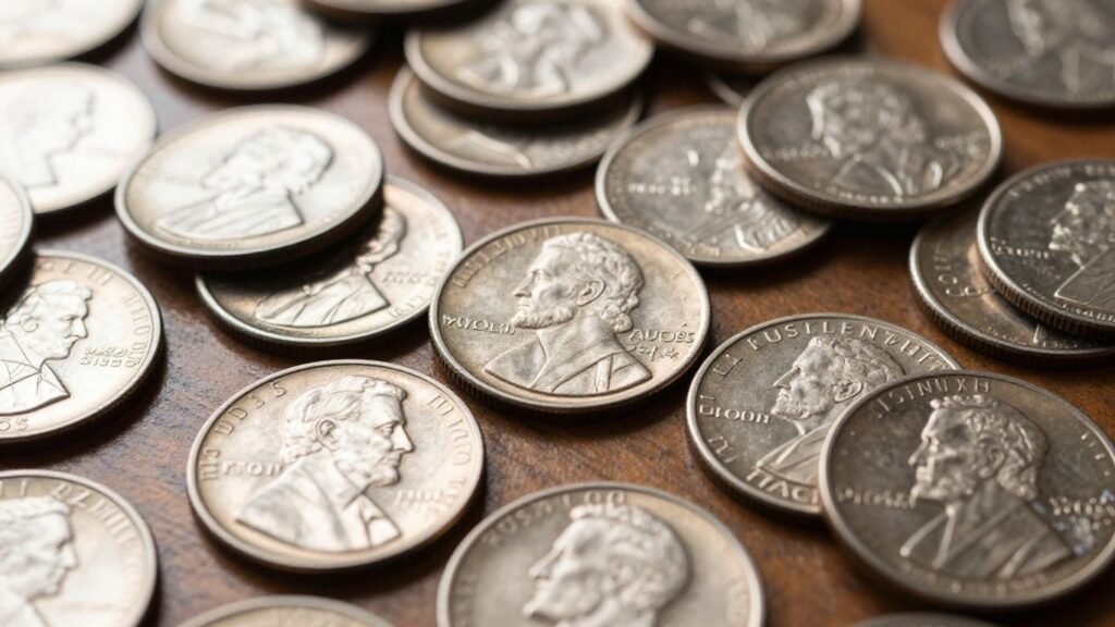 U.S. Mint coins on a wooden surface.