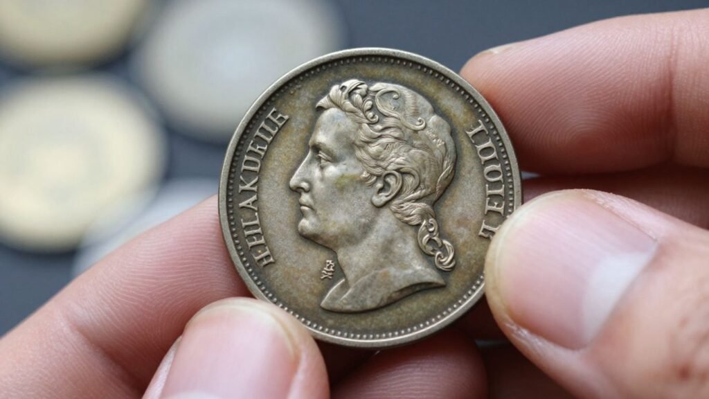 Close-up of a hand holding an antique coin.