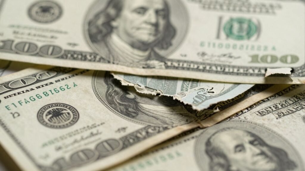 Damaged US dollar bills, indicating broken bank notes.